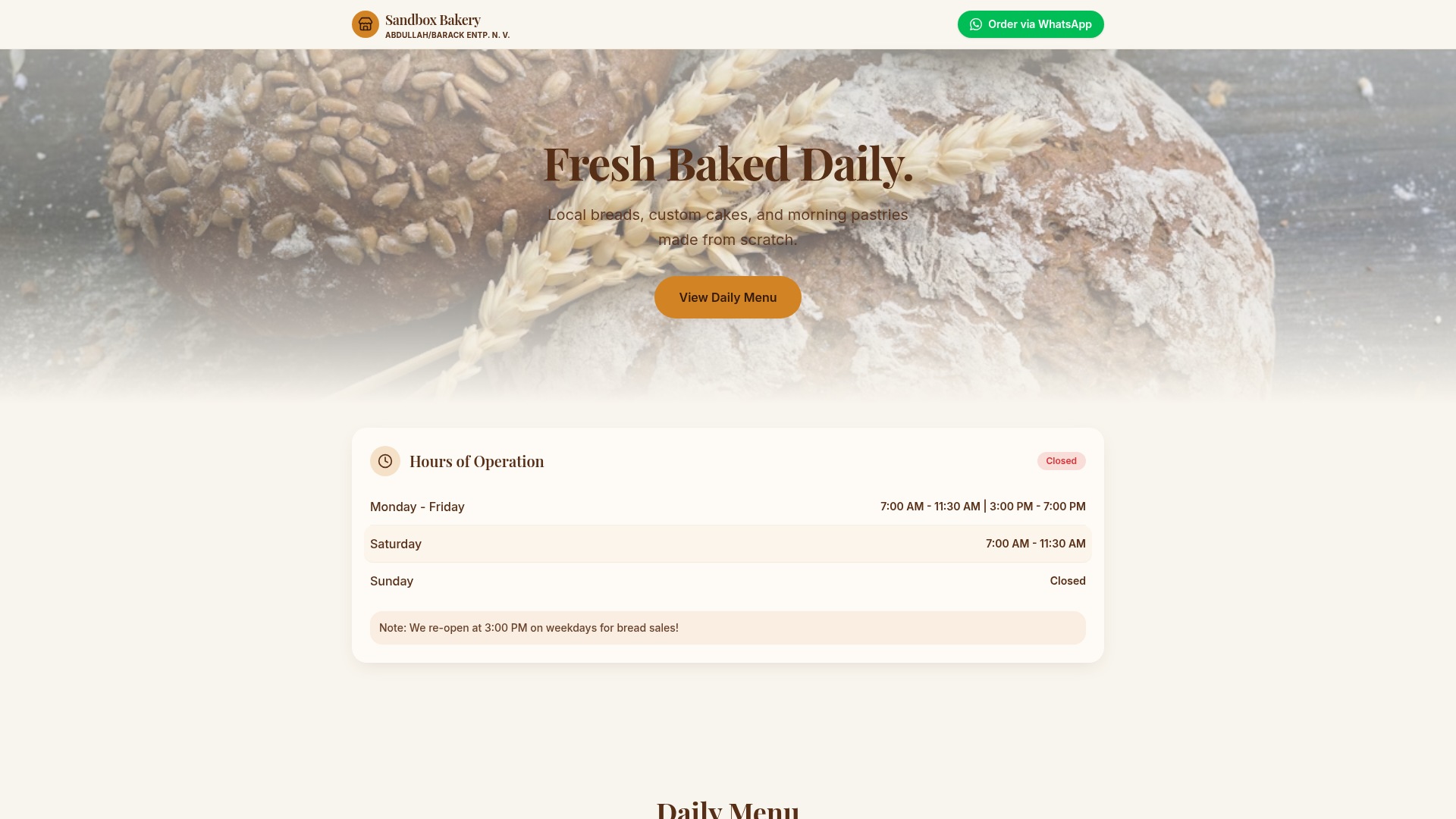 Sandbox Bakery live website preview